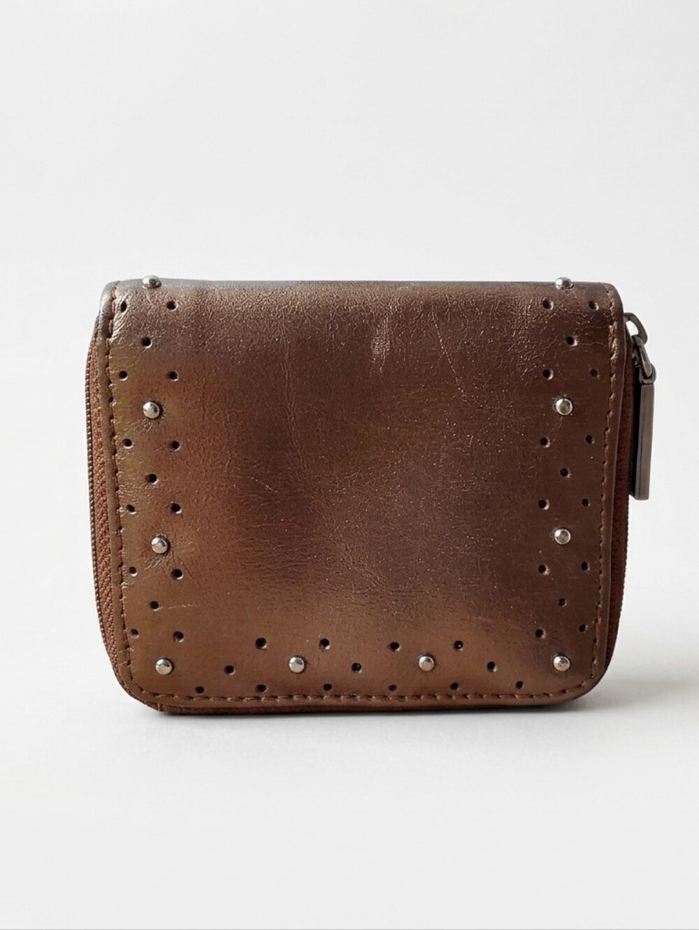 HOBO Chestnut Brown Leather Zip Wallet with Stud Detail